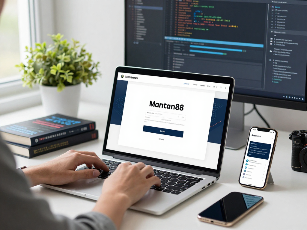 mantra88 login interface displayed on a modern laptop in a bright tech workspace