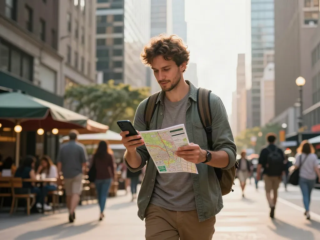 אישה בודקת Esim לחו"ל בעיר, מחזיקה מפה דיגיטלית על רקע בניינים גבוהים