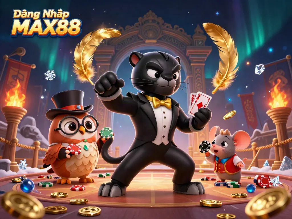 Join the excitement at Đăng Nhập MAX88 with a stylish panther card dealer and lively casino elements.