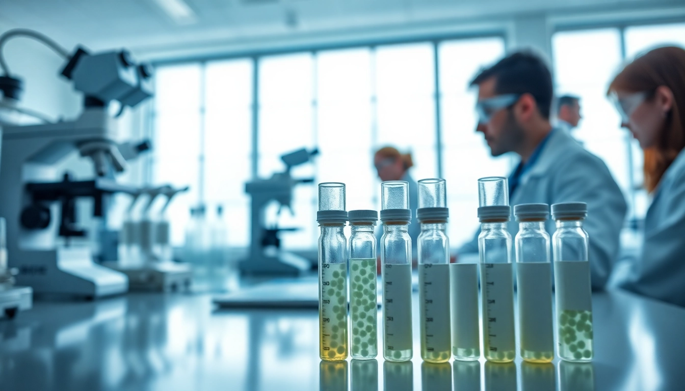 Researching peptides at https://peptideprice.store/ in a bright laboratory with detailed samples and advanced equipment.