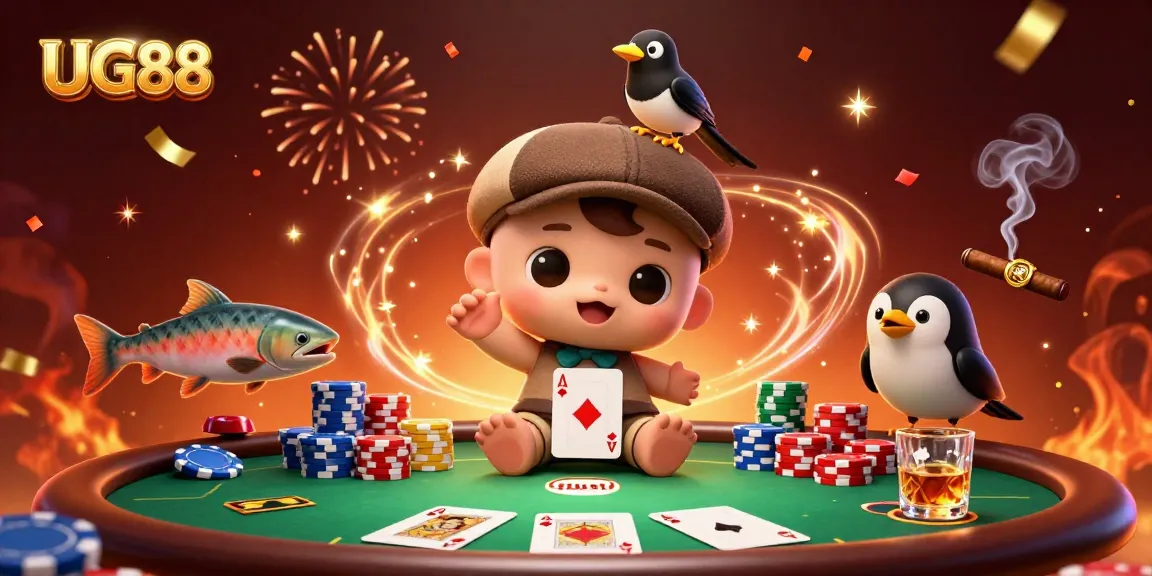 Engage in exhilarating gameplay at UG88 with vibrant 3D characters surrounded by poker elements.