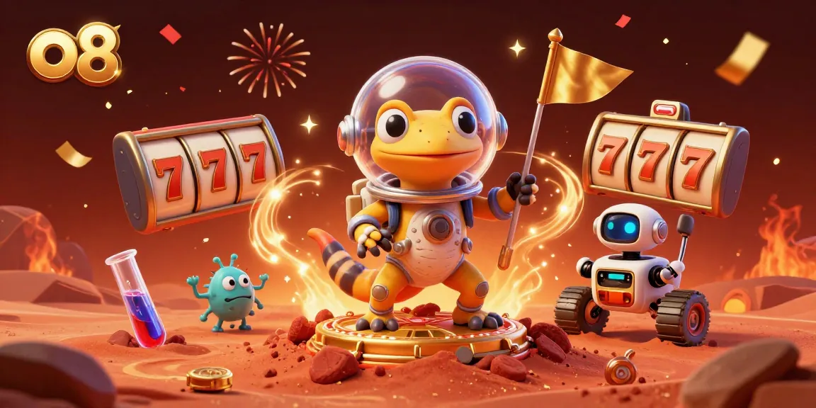 Win big at o8's vibrant casino featuring a Martian gecko and a robot, celebrating jackpots in style!