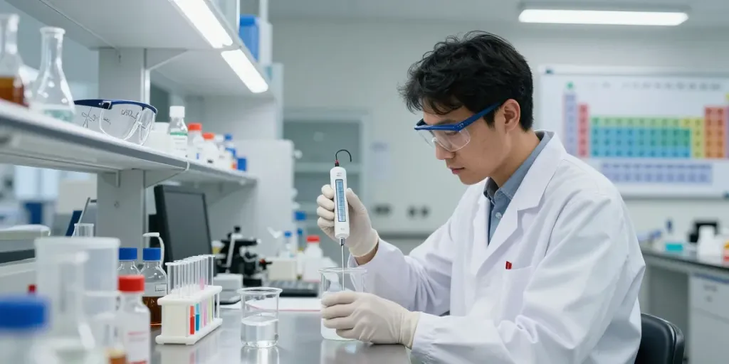 آزمایشگاه صنعتی با شیمیدانی که روی اسید استئاریک تحقیق میکند و نمونههای شیشهای در حال بررسی است.