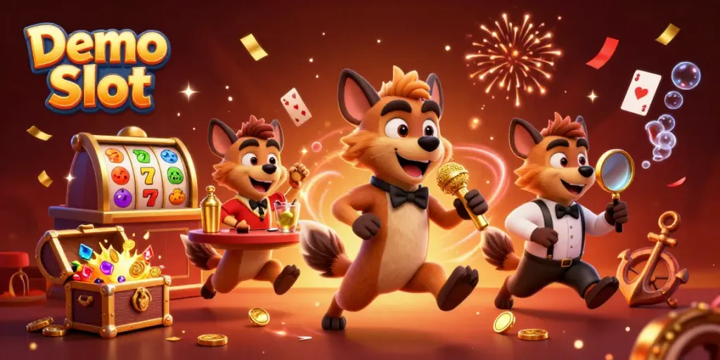 Experience fun with Demo Slot in a vibrant casino scene featuring hyenas, slot reels, and celebratory effects.