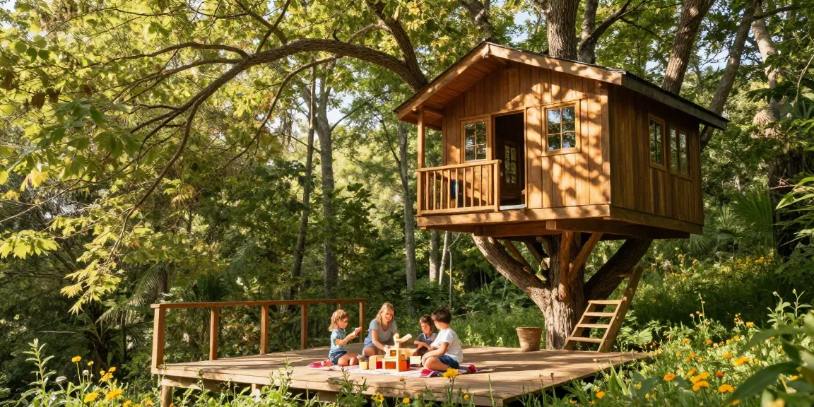 Family enjoying the serene experience of tree house life in a lush forest.