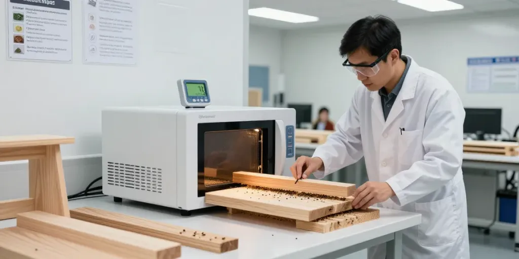 Shashel® technician using microwave technology for effective wood pest elimination in a modern workshop.