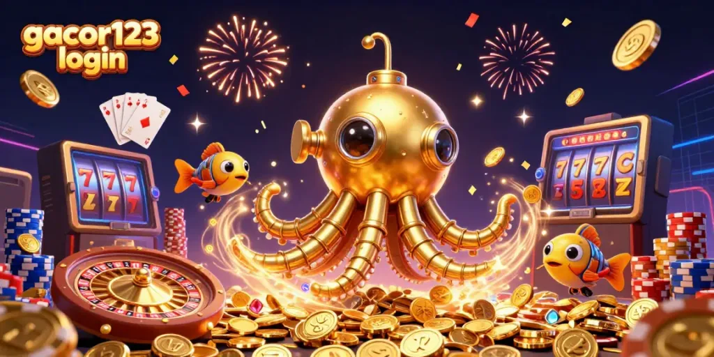 Experience big wins with gacor123 login surrounded by a dynamic casino scene featuring gold coins and slot machines.
