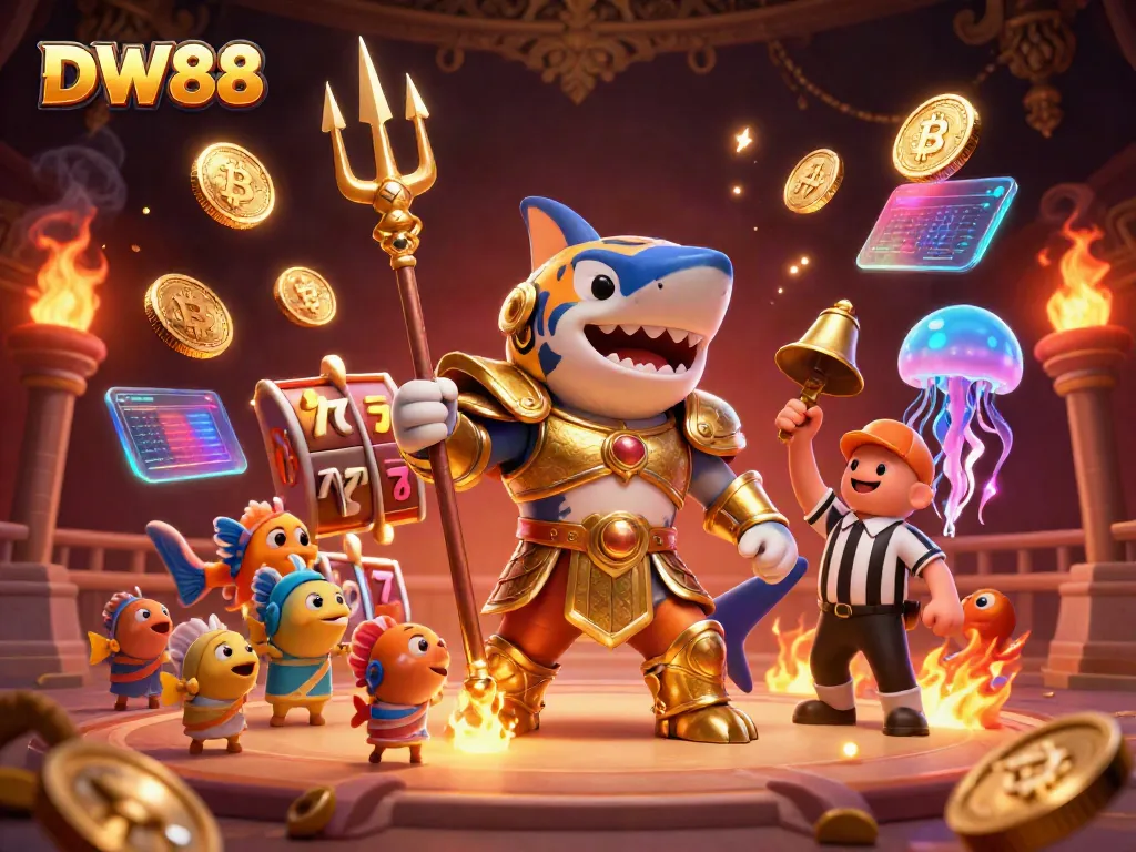 Experience thrilling jackpot action with DW88's vibrant underwater casino scene featuring dynamic characters and slots.