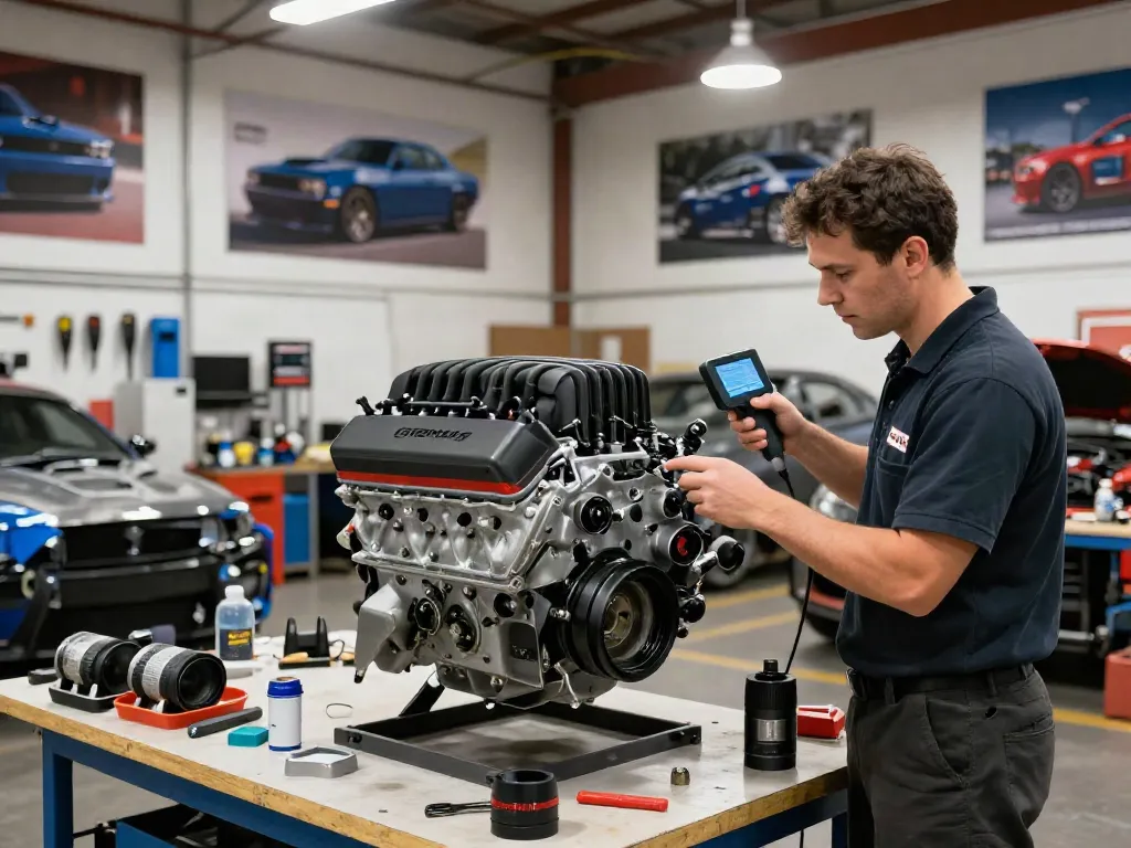 High-performance Hellcat engine for sale inspected by a mechanic in an auto parts warehouse, showcasing automotive excellence.