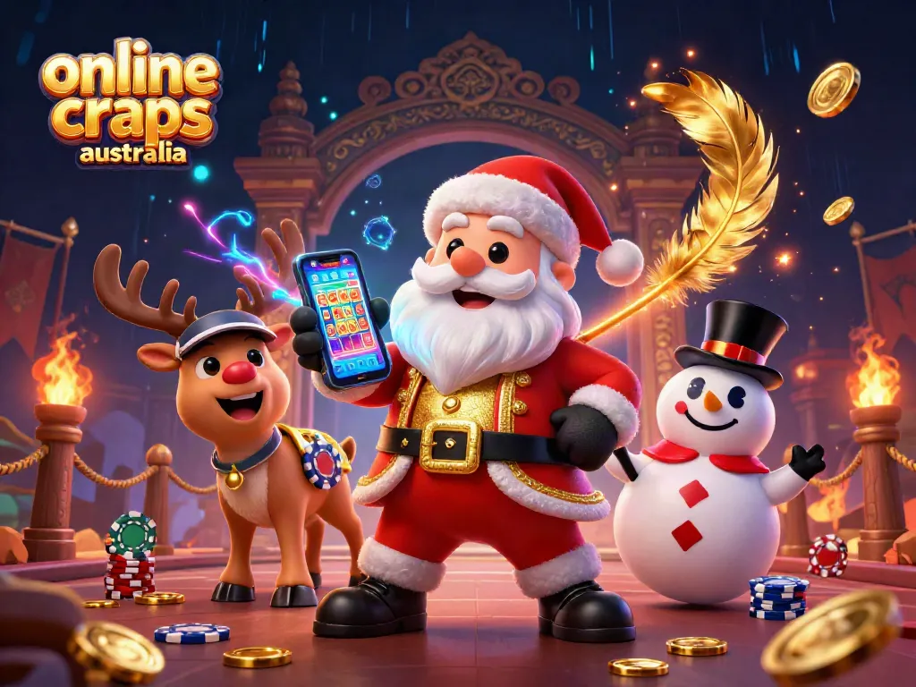 Experience excitement with online craps Australia, featuring festive characters and vibrant casino elements.