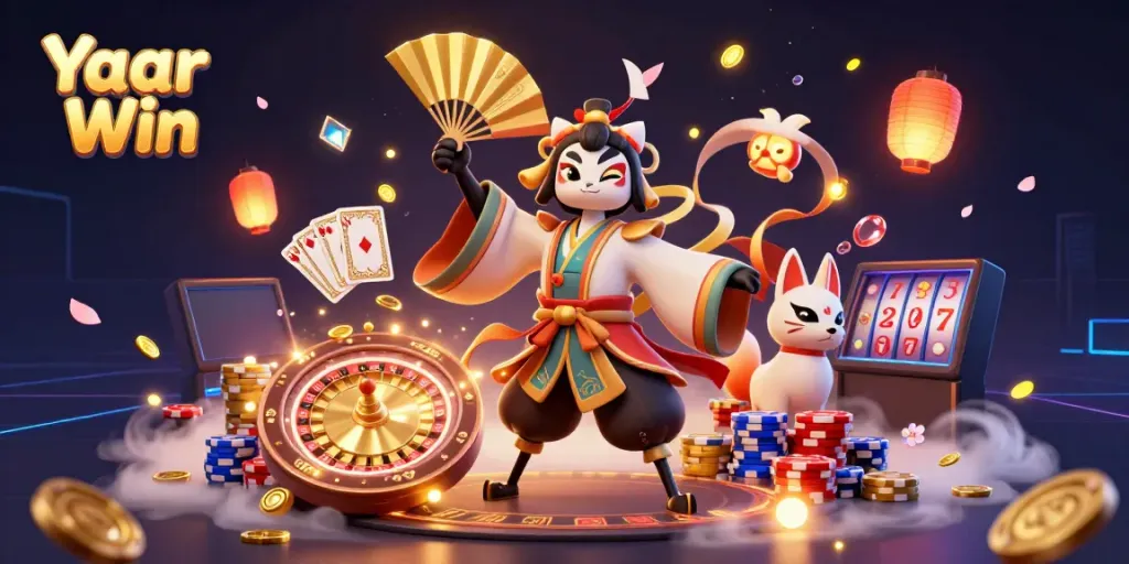 Yaar Win's vibrant gaming scene with kabuki warrior, cascading coins, and spinning roulette.
