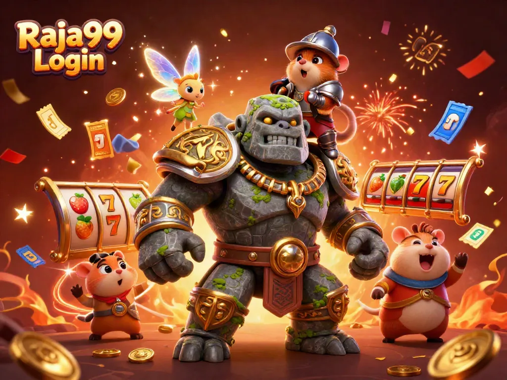 Raja99 Login mengaktifkan slot online dengan golem penjaga di latar belakang.