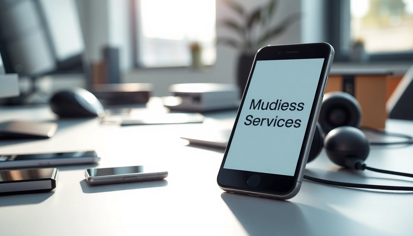 Showcasing business mobile services on a smartphone in a modern office setup.