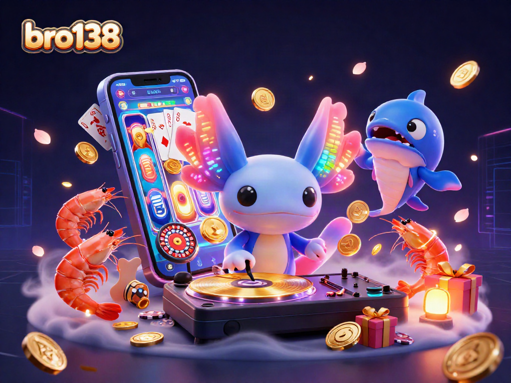 Experience gaming excitement with bro138's vibrant 3D casino scene featuring playful characters and dynamic slot games.