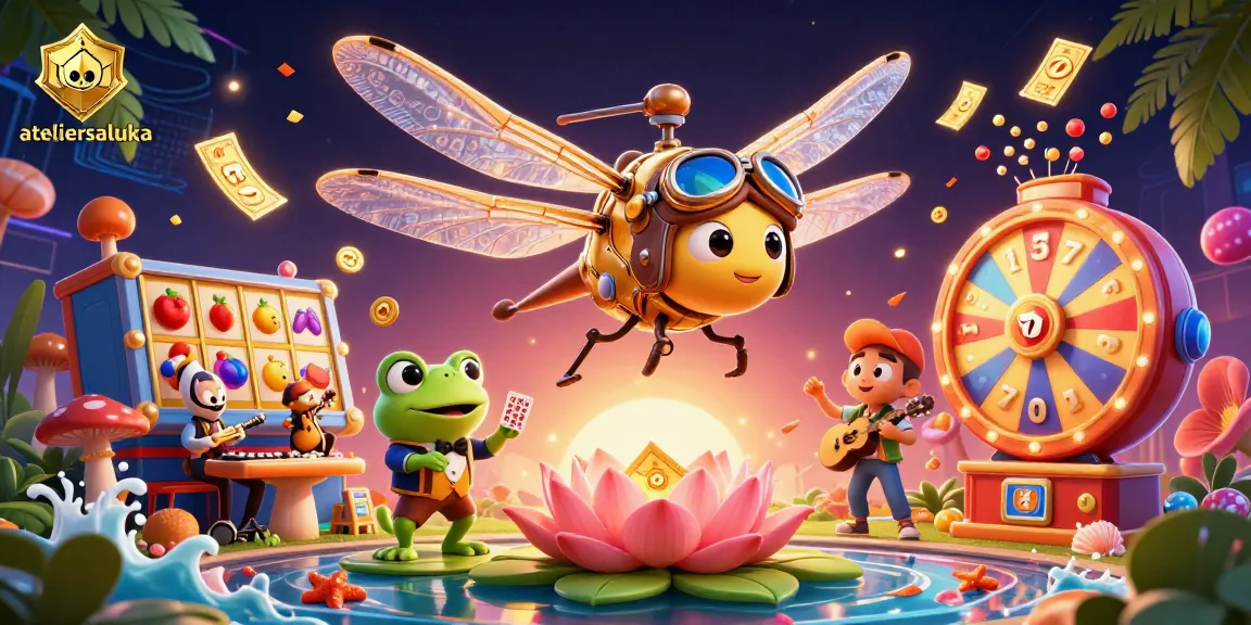 Engage with ateliersaluka at a vibrant casino scene featuring a dragonfly pilot and energetic gaming elements.