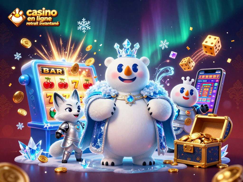 Jouez au casino en ligne retrait instantané avec cette scène illustrant un ours polaire royal et son compagnon, remplie d'éléments de jeux.