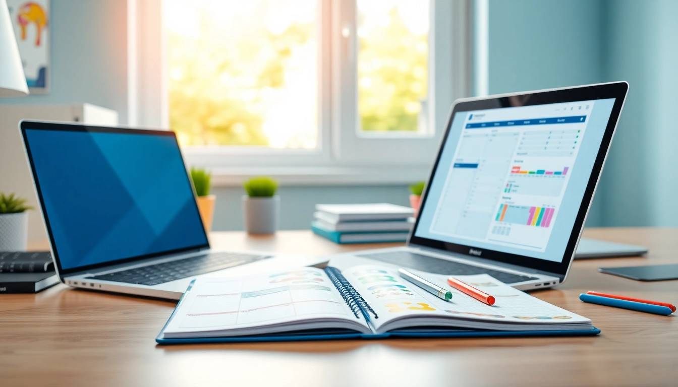 Get Your Free Planner Preview with a sleek laptop and colorful planner design on an organized desk.