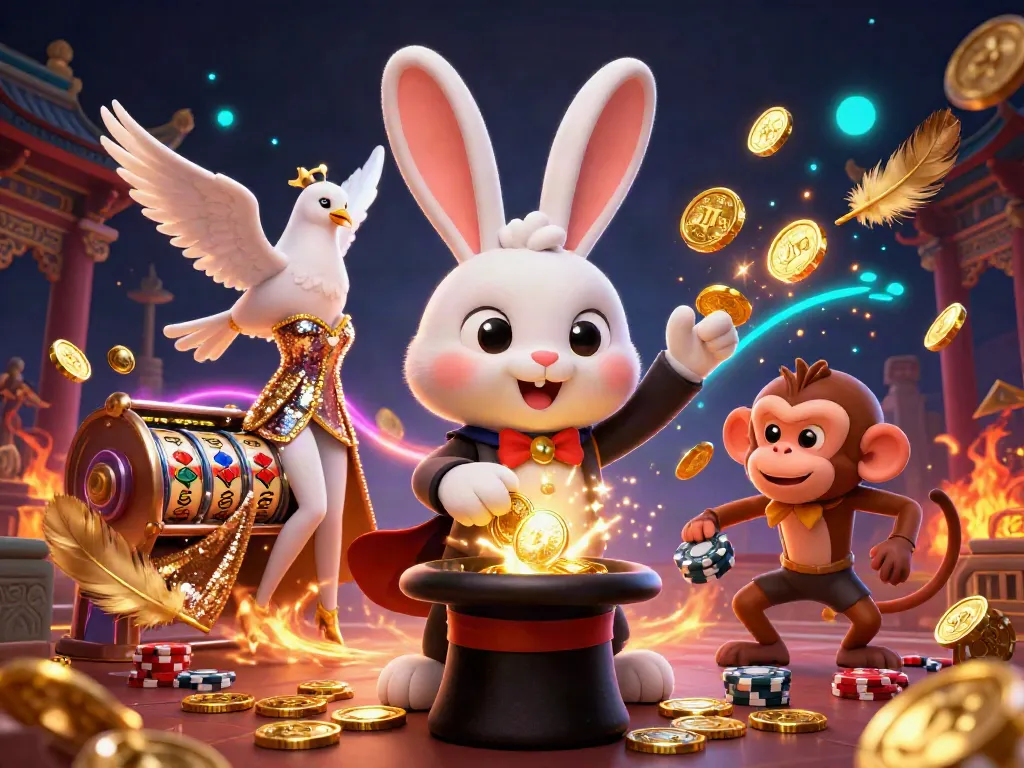 Experience thrilling online casinos nz with a magician pulling coins, vibrant gaming elements, and rich details.