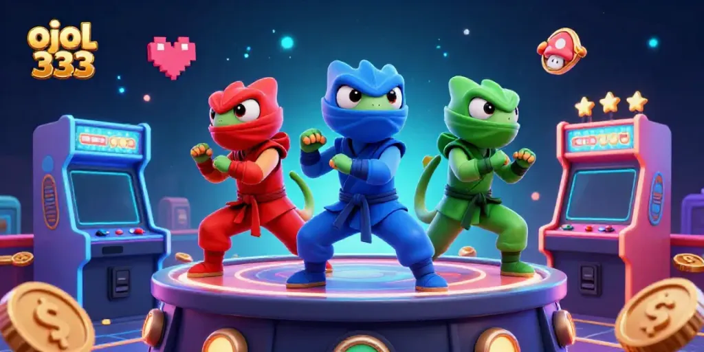 Engage with thrilling action in ojol 333 as ninja chameleons showcase skillful poses amid a vibrant casino backdrop.