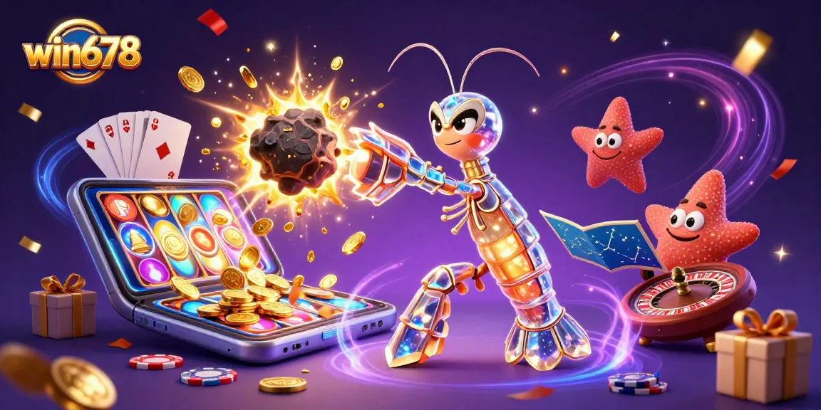 Experience win678 with a colorful 3D casino gaming scene featuring a mantis shrimp and starfish.