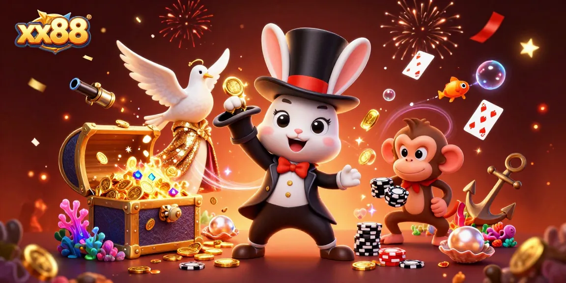 Experience exciting gameplay with xx88 as a magician rabbit pulls golden coins amidst vibrant casino elements.