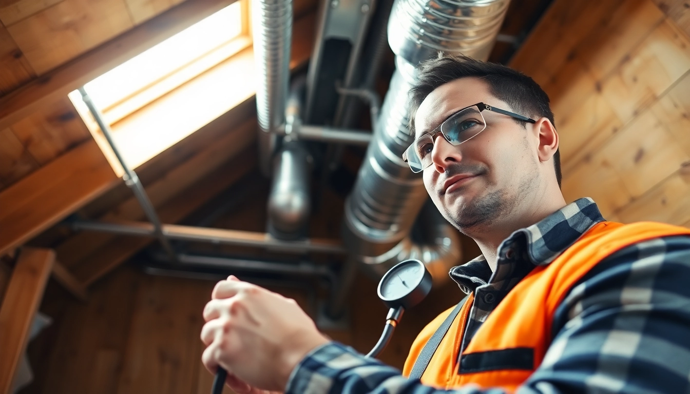 Inspecting hvac duct leakage with a technician evaluating ductwork pressure in a home.