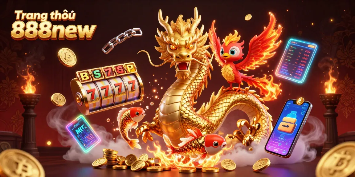 Experience the energetic world of gaming with Trang chủ 888new surrounded by golden dragons and slot reels.