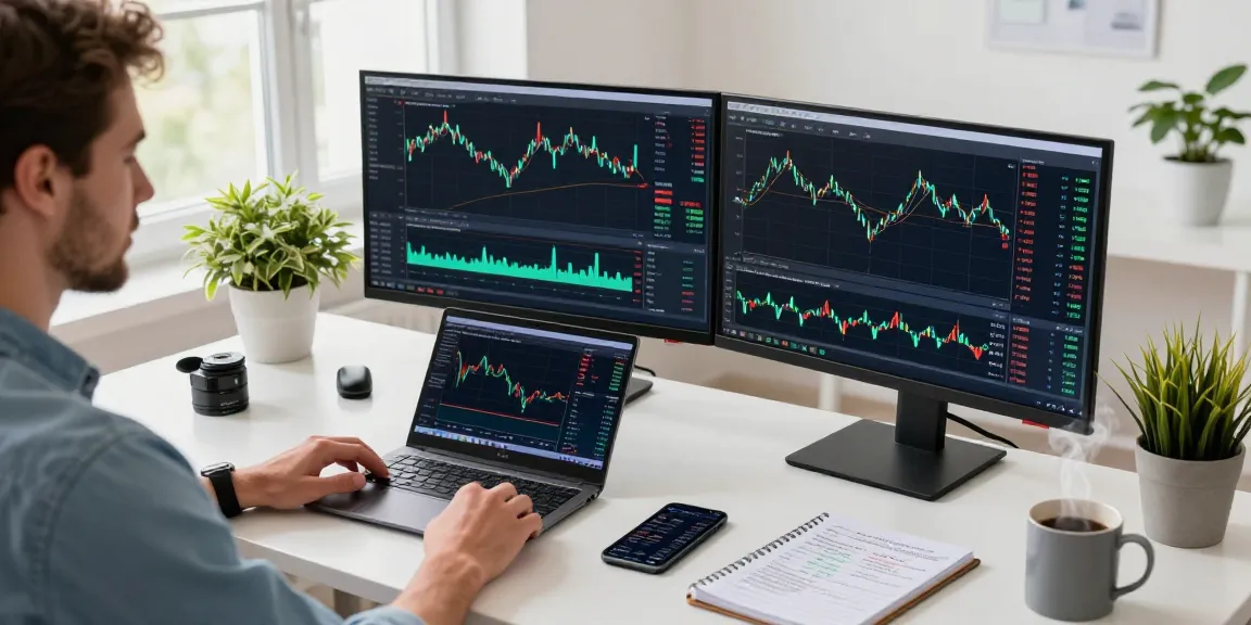 Trader analyzing mt4 forex charts on dual monitors in a well-lit home office.