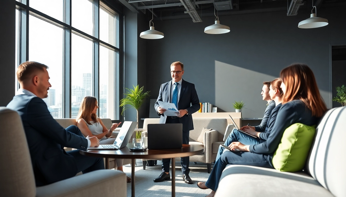 Marketing director guiding a dynamic team meeting in a modern office space.
