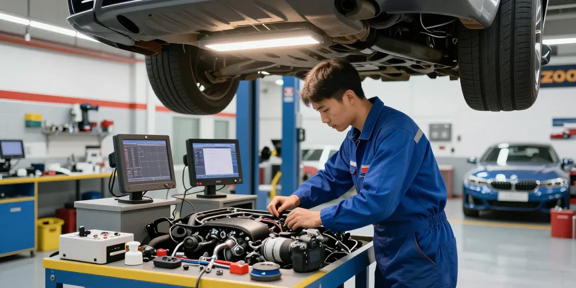 Mechaniker bei der Inspektion einer BMW Steuerkette in einer modernen Werkstatt in Hannover.