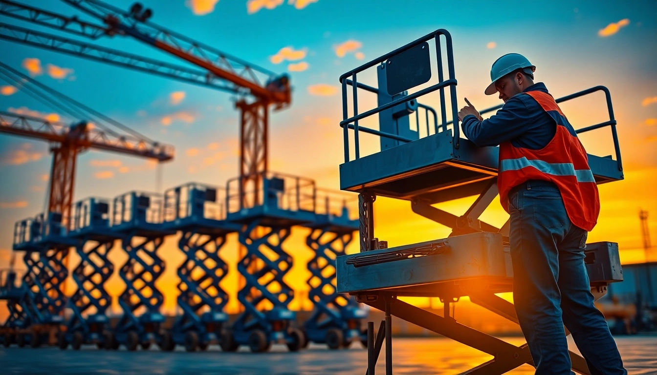 Manlift being used for industrial operations with a technician inspecting its features.