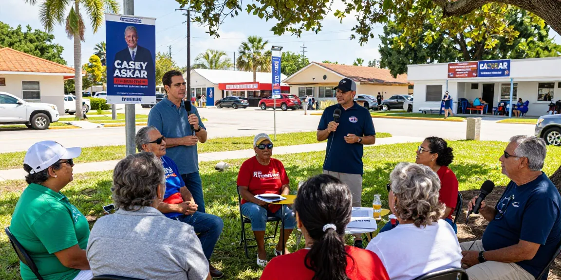 Engaged voters discuss Casey Askar's campaign in a vibrant community.