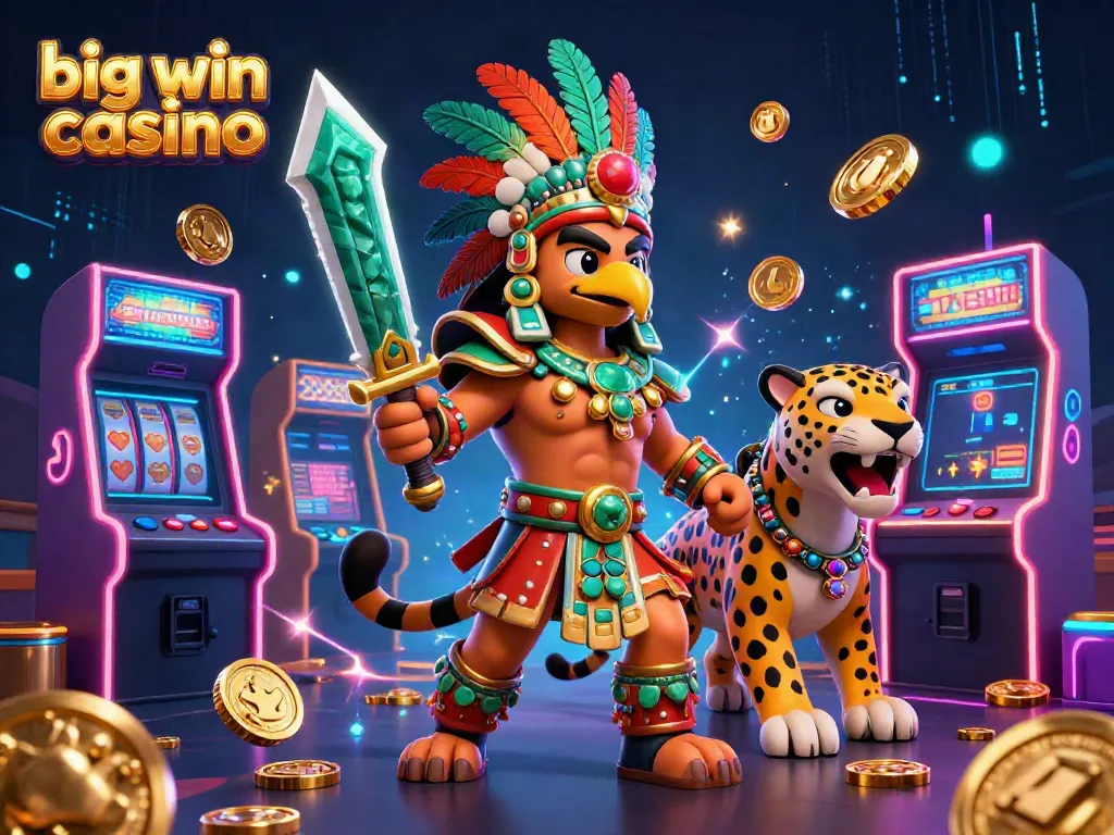 Experience excitement at big win casino with a vibrant scene featuring an Aztec eagle warrior and a jaguar amidst jackpot games.