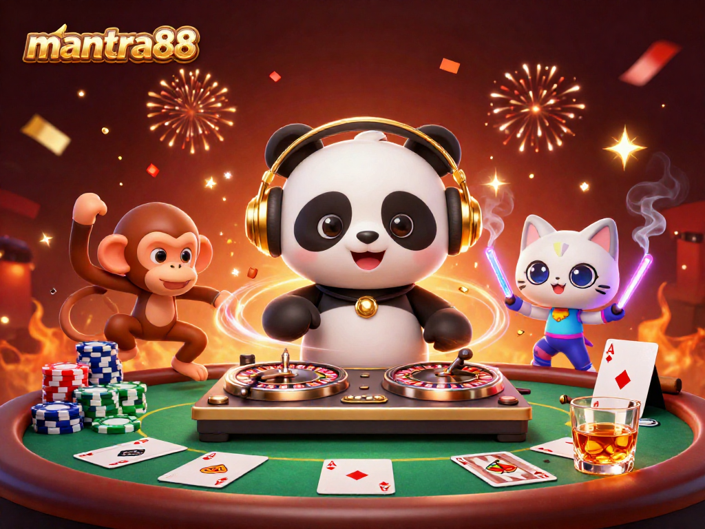 Engage with mantra88's vibrant online casino scene featuring a DJ panda and energetic characters.