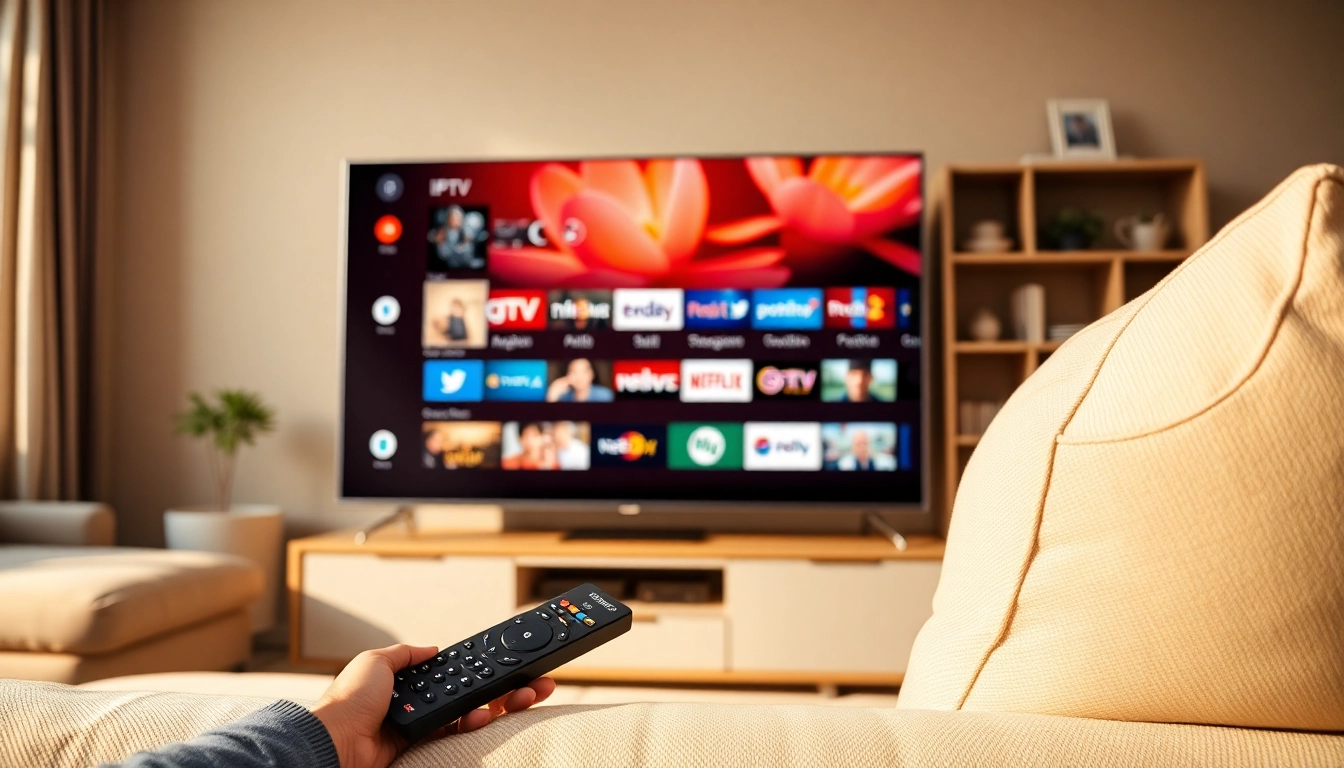Discover FREE IPTV Trial options on a smart TV with vibrant channel displays and cozy living room setting.