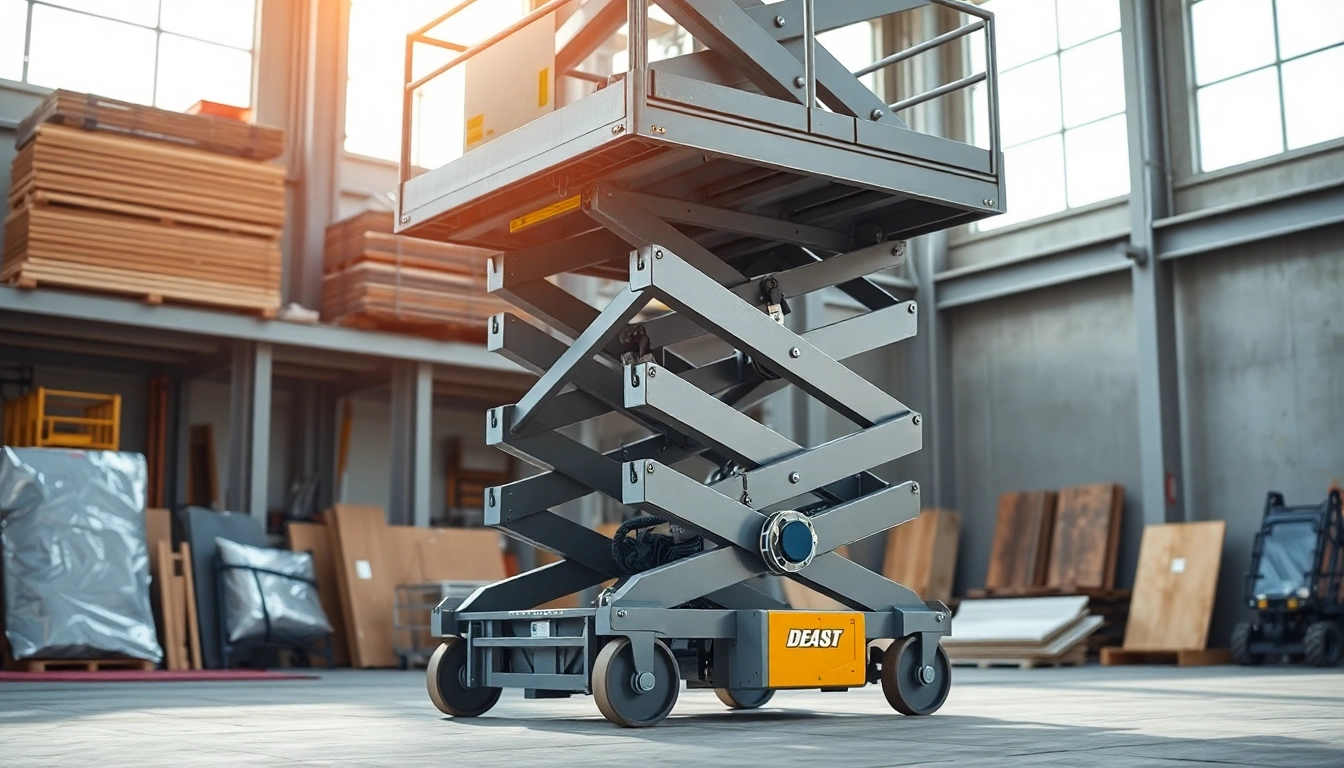 Efficient scissor lift operating at a construction site, providing safe elevation for workers.