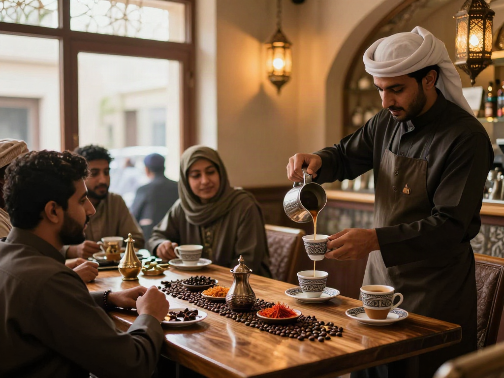 قھوجي وصبابین بالریاض في مقهى تقليدي، بارستا يصب القهوة مع أصدقاء حول طاولات خشبية.