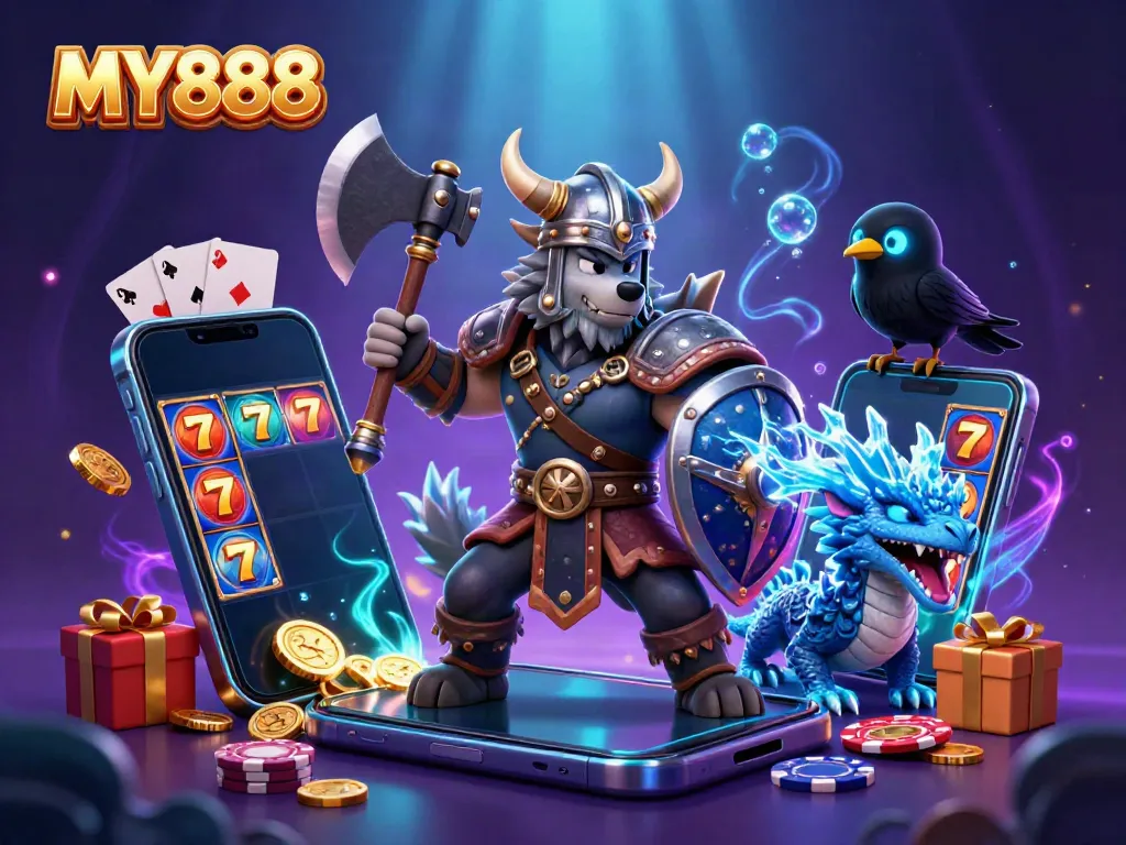 Engage in thrilling gameplay with MY888, featuring a Viking warrior, dragon, and dynamic casino elements.