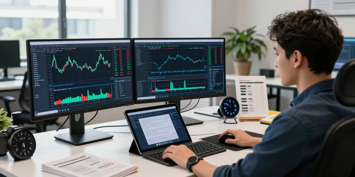 Dynamic workspace depicting a trader using MetaTrader 5 with dual monitors and live market charts.