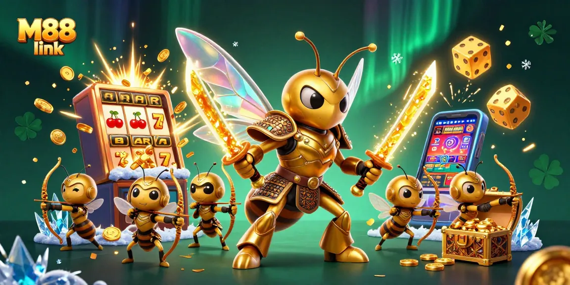 Engage with the M88 link through a vibrant 3D scene of dynamic casino action featuring golden hornet warriors.
