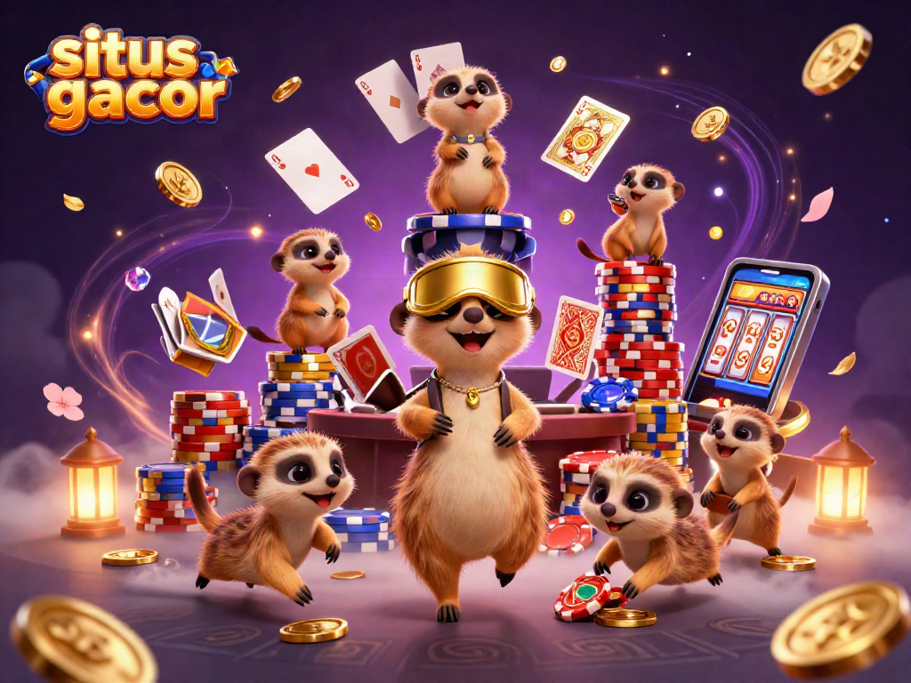 Situs gacor casino scene with meerkats managing games and jewels in vibrant 3D illustration