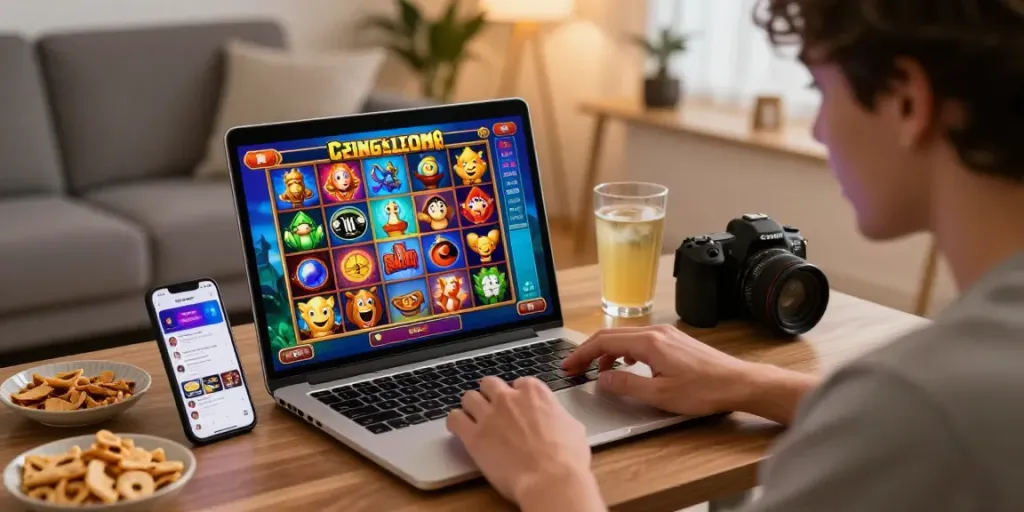 Engaged player exploring slot online gacor demo on laptop with colorful graphics in a cozy living room.