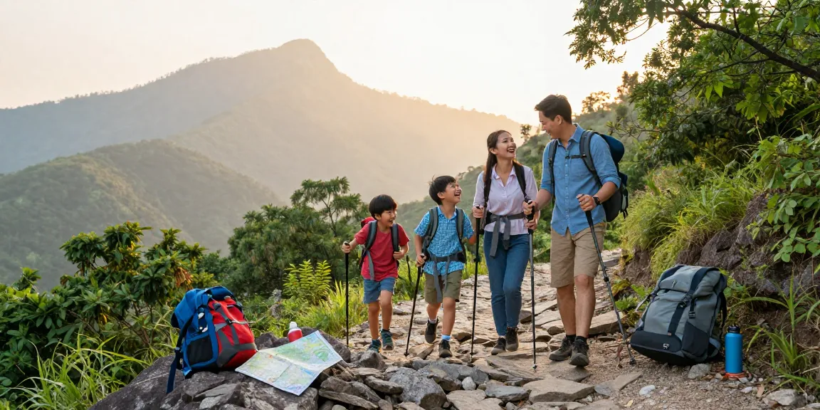 Family hiking together in a scenic mountainous landscape, showcasing thatmountainlife.com adventure spirit.