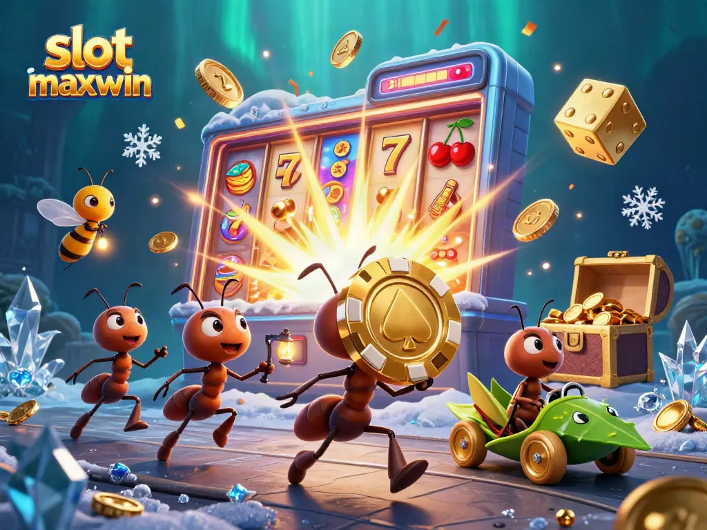 Experience the thrill of slot maxwin with a heist by cartoon ants in a vibrant casino scene.