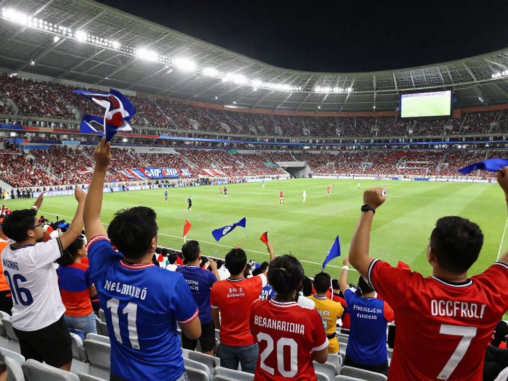 Para penggemar nonton bola gratis di stadion, merayakan kemenangan tim favorit mereka dengan sorakan dan bendera.