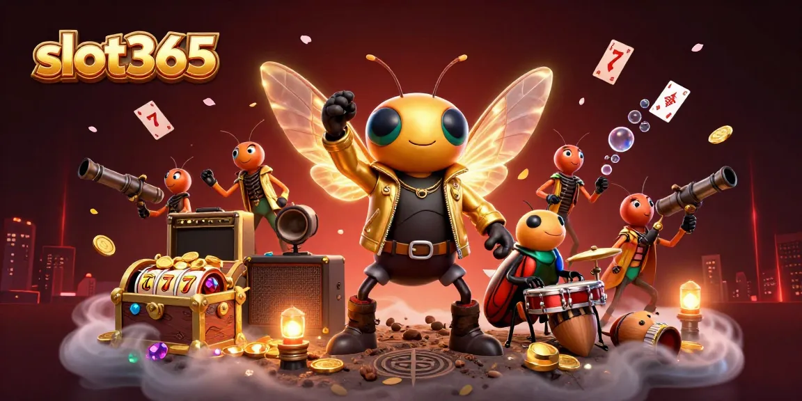Experience vibrant slot365 excitement with a cartoon cicada rock star and thrilling game symbols.