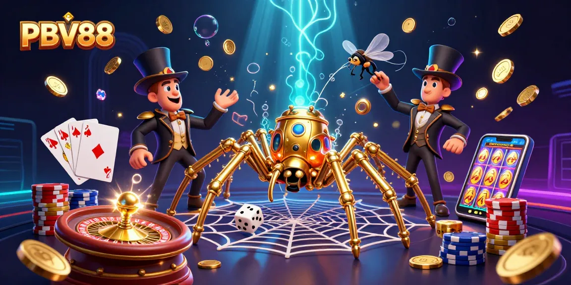 Experience PBV88's thrilling action with a charming steampunk spider catching dice and surrounded by casino delights.