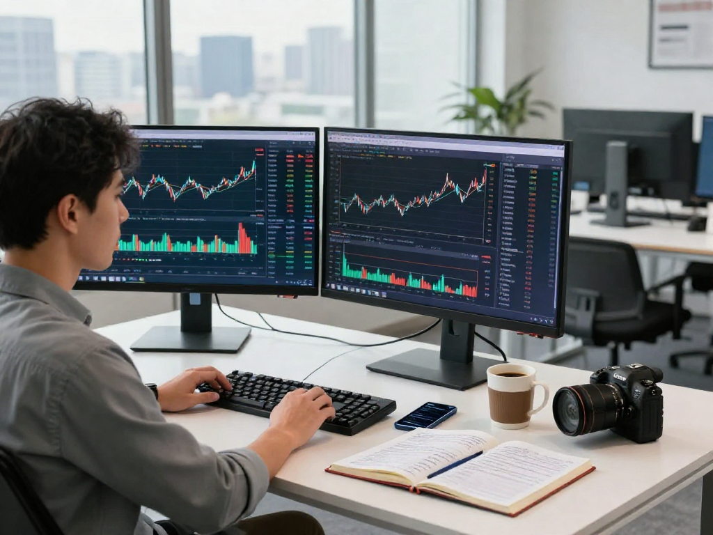 使用TradingView分析市场行情的交易员在现代办公空间专注工作