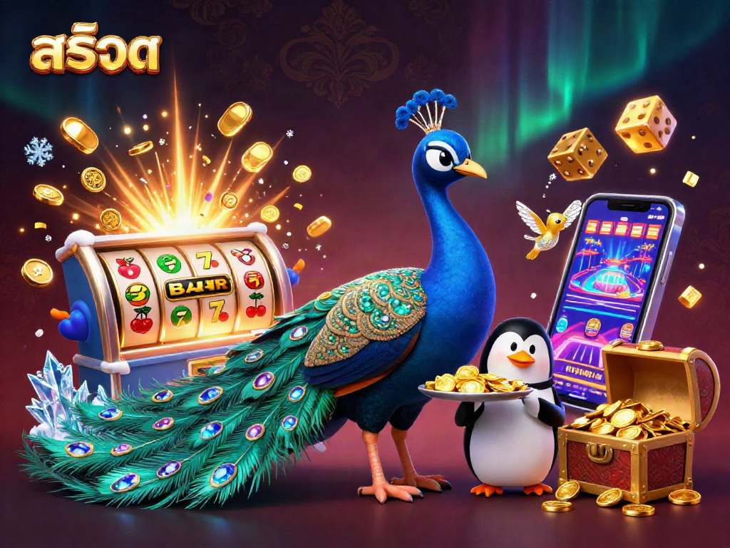 เล่นสล็อต with dynamic slots and characters in an ultra-detailed casino scene