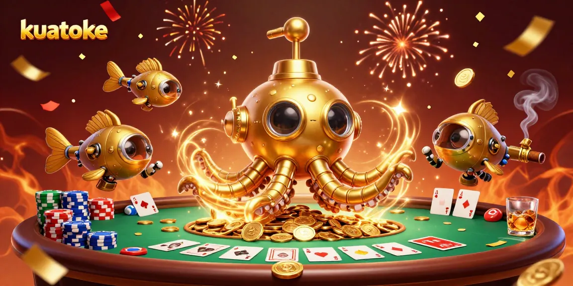 Kuatoke unleashes excitement with a whimsical 3D gambling scene featuring a golden kraken and poker elements.